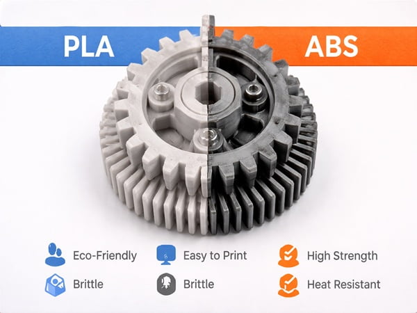 A side-by-side comparison of a 3D printed object in PLA and ABS plastic