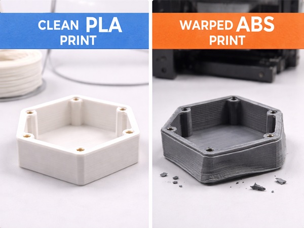 A clean PLA print next to a warped ABS print