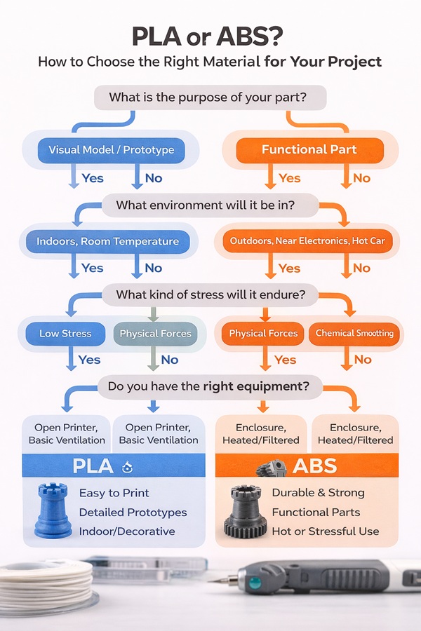 A flowchart helping a user decide between PLA and ABS